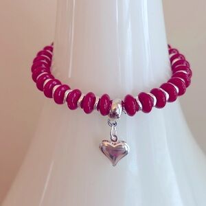 HAND CRAFTED RED AND SILVER STRETCHY VALENTINE’S DAY BRACELET WITH HEART CHARM
